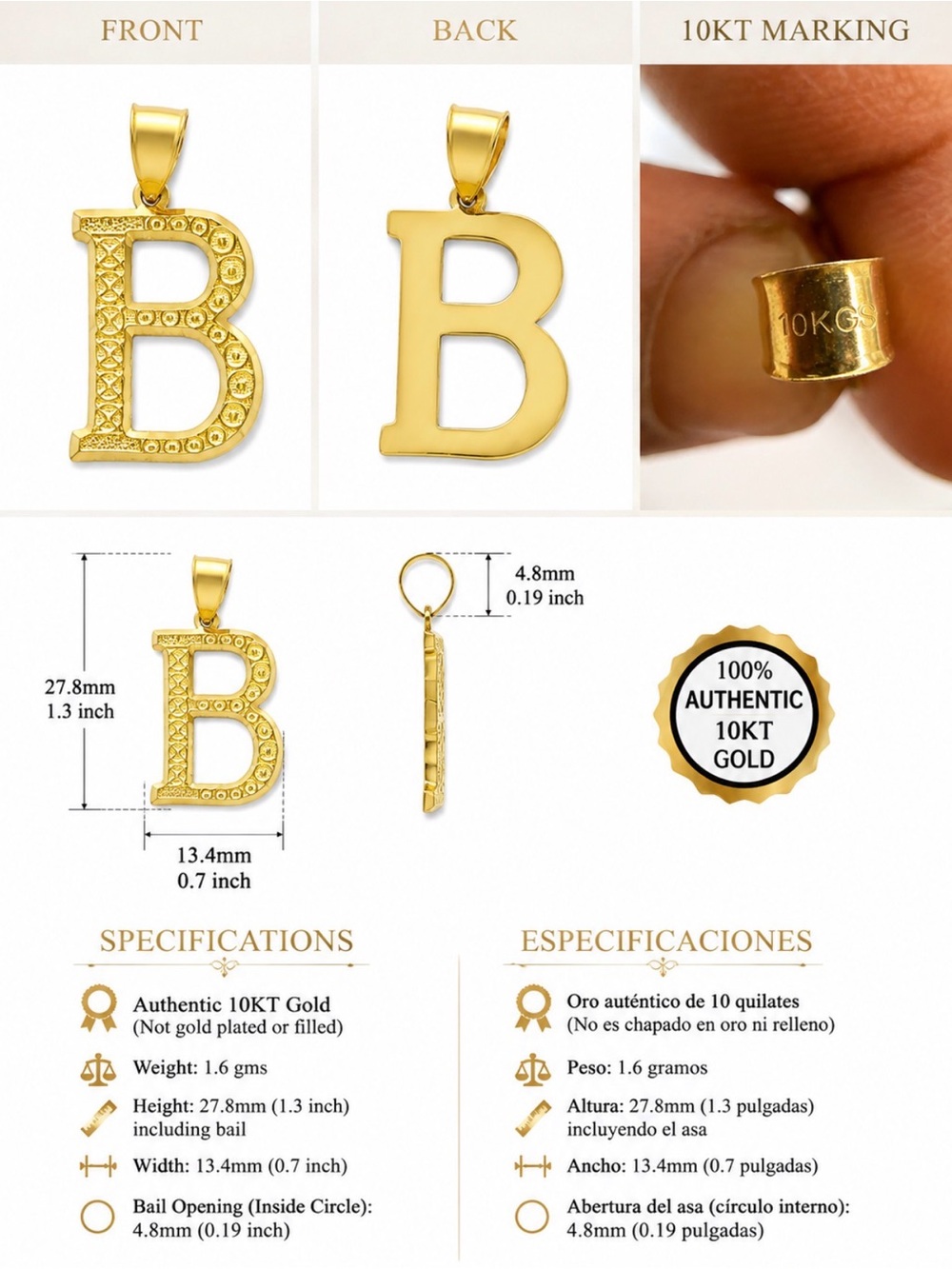 10KT Gold Letter B Pendant - Genuine 10K Yellow Gold